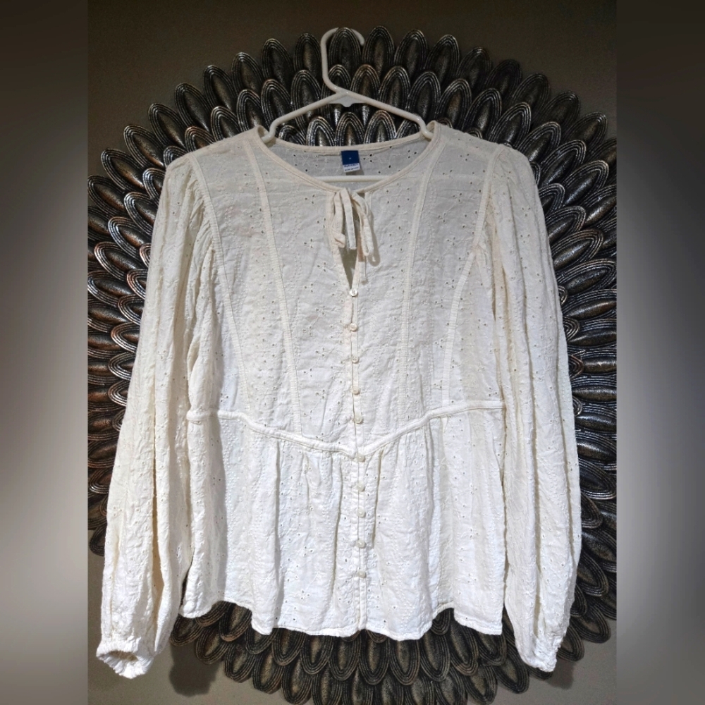 GAP Cream Textured Blouse with Tie Neck